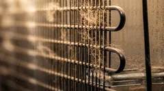 Zaprášená mřížka a cívky na zadní straně lednice