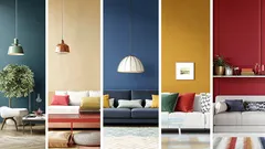 Interiér obývacího pokoje s různě barevnými stěnami a nábytkem